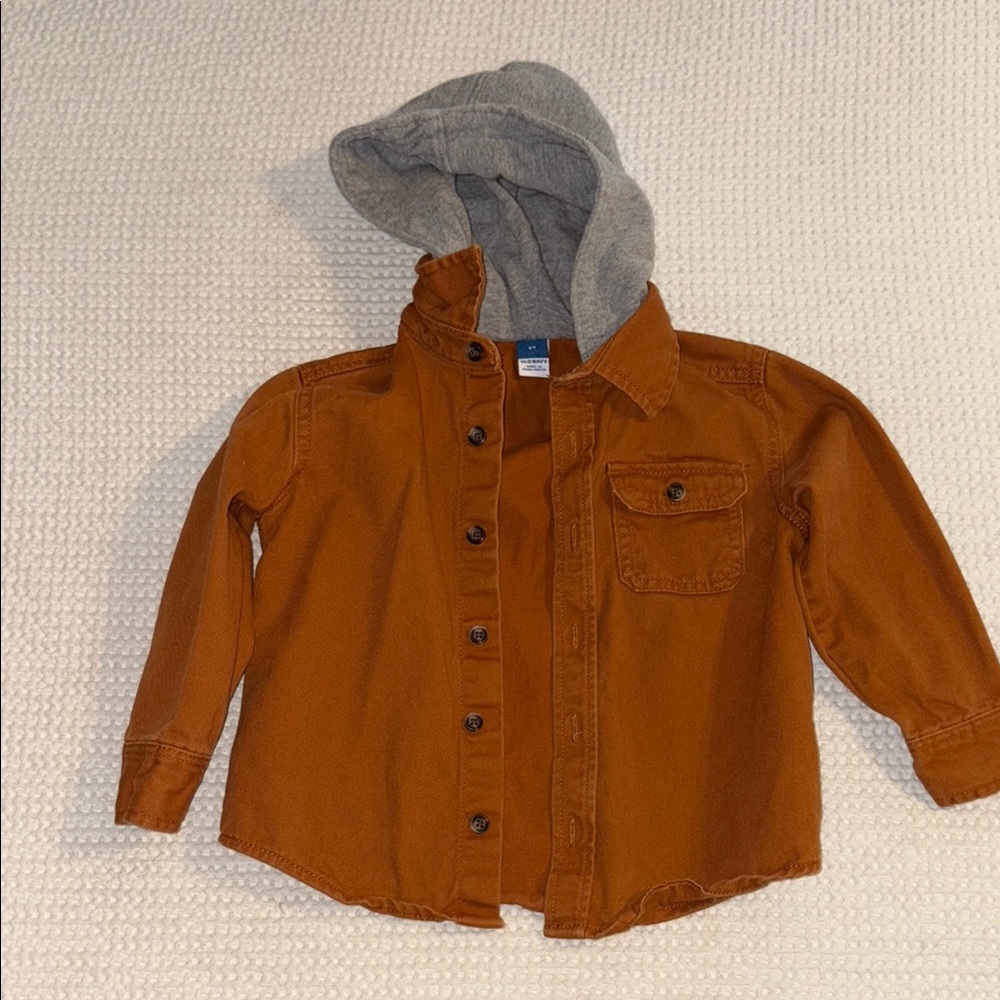 Boys Brown Button-Up Shirt with Gray Hood